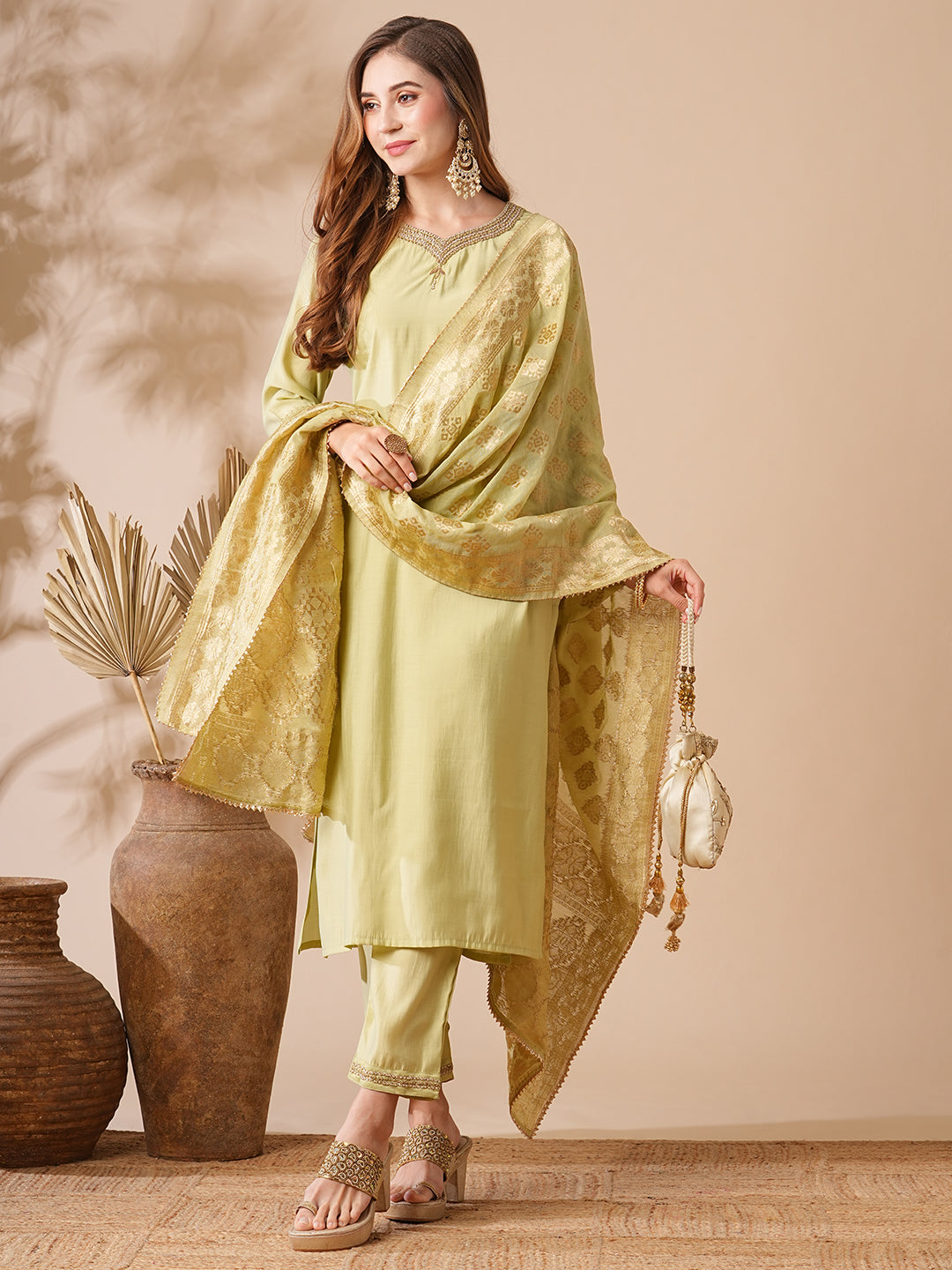 Solid Ethnic Embroidered Kurta with Pant & Woven Zari Jacquard Dupatta - Mint Green