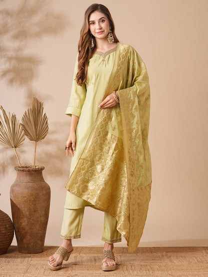 Solid Ethnic Embroidered Kurta with Pant & Woven Zari Jacquard Dupatta - Mint Green