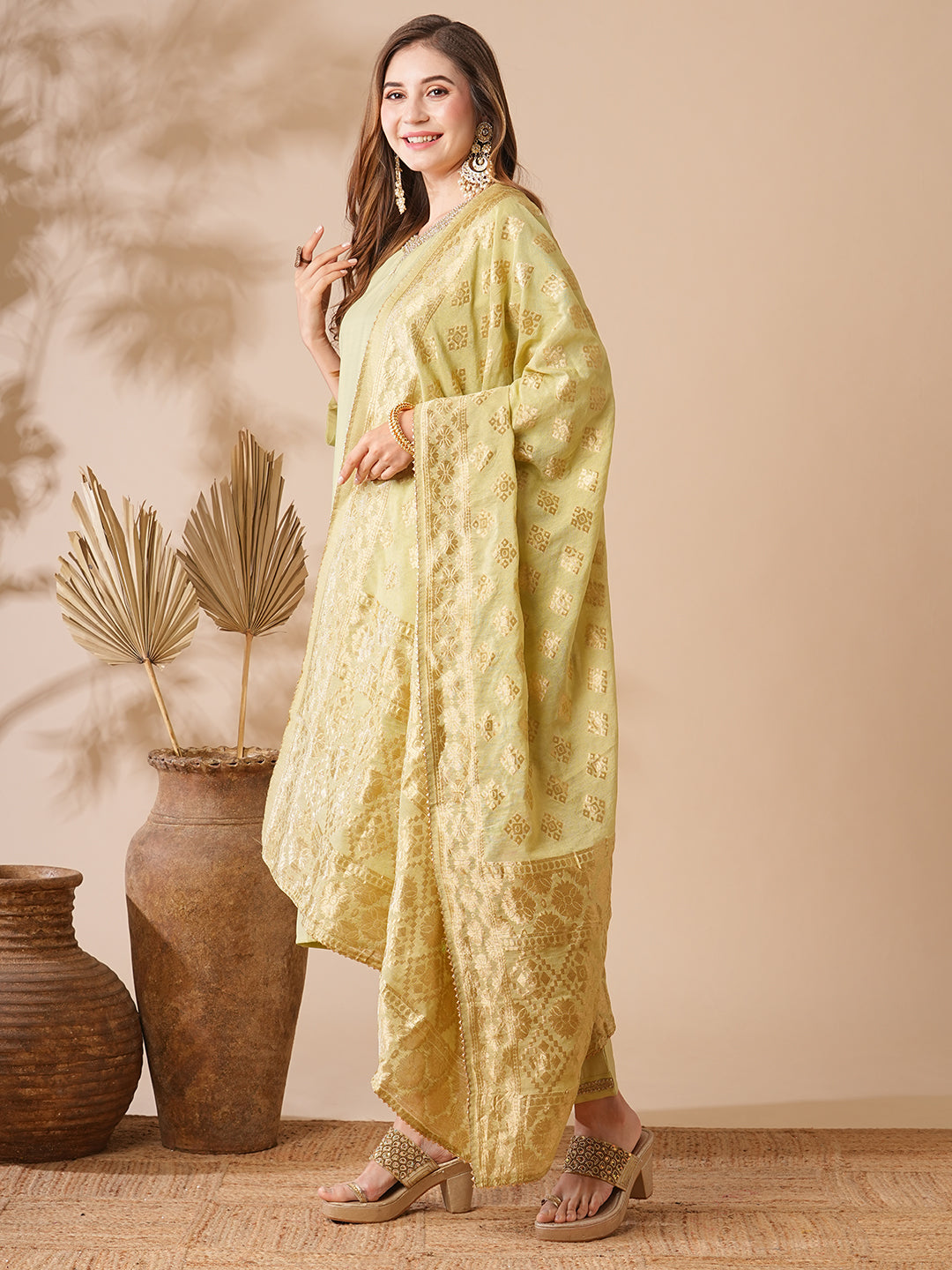 Solid Ethnic Embroidered Kurta with Pant & Woven Zari Jacquard Dupatta - Mint Green