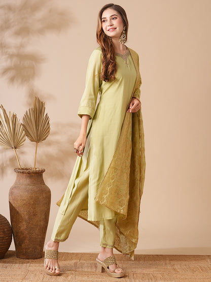 Solid Ethnic Embroidered Kurta with Pant & Woven Zari Jacquard Dupatta - Mint Green