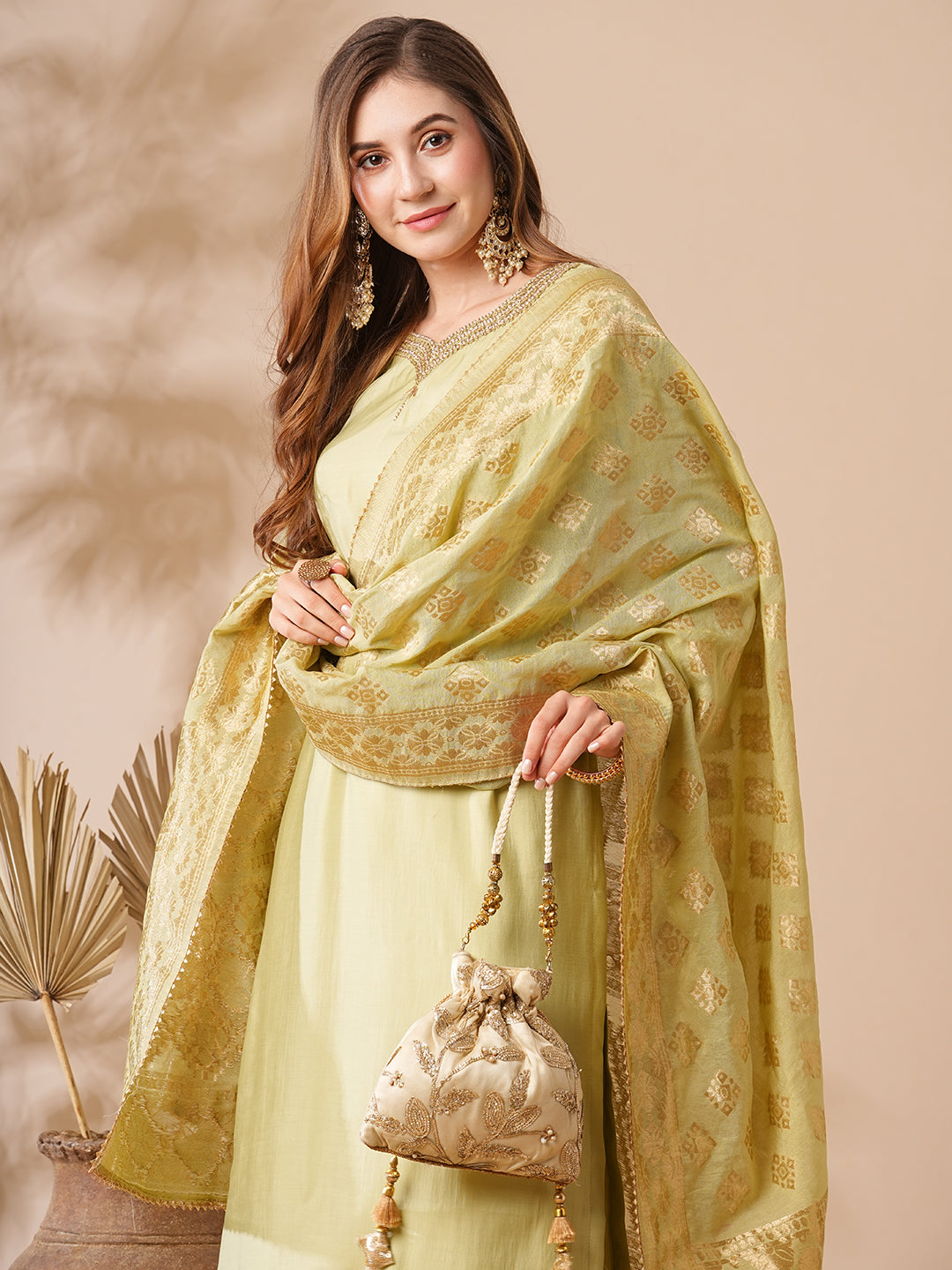 Solid Ethnic Embroidered Kurta with Pant & Woven Zari Jacquard Dupatta - Mint Green