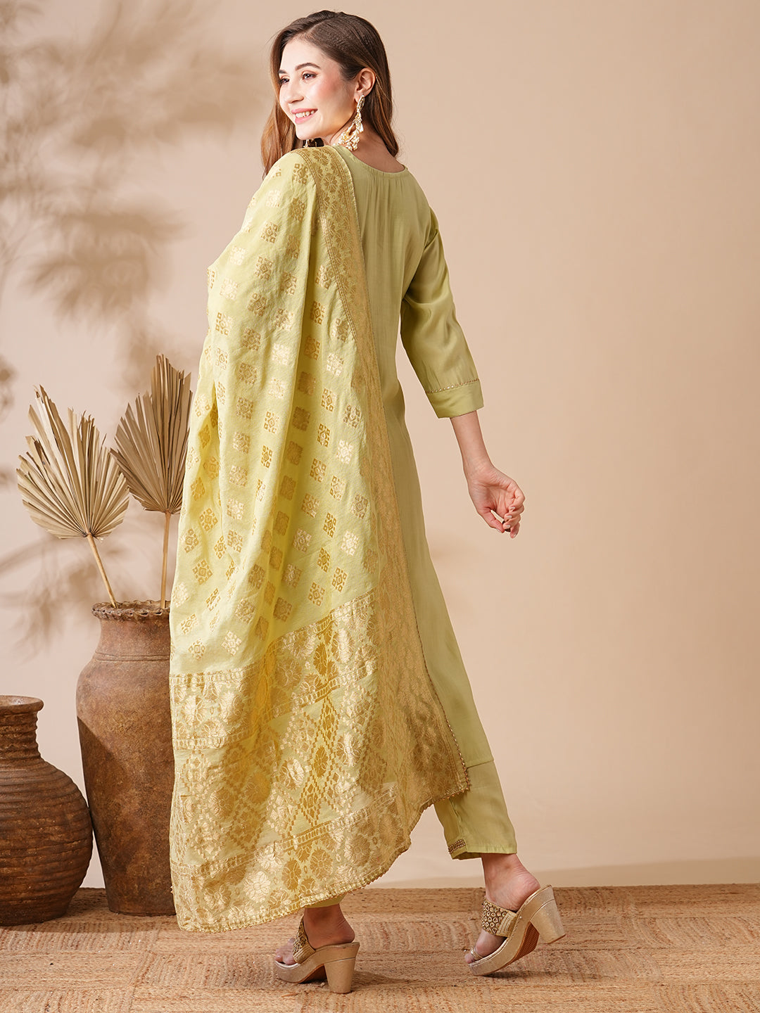 Solid Ethnic Embroidered Kurta with Pant & Woven Zari Jacquard Dupatta - Mint Green