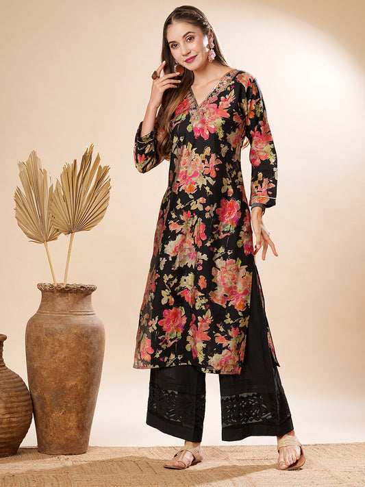 Floral Printed Sequins, Zari & Resham Embroidered Kurta - Black