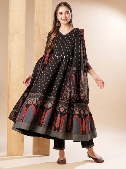 Multi Printed Mirror & Beads Embroidered Anarkali with Pants & Dupatta - Black