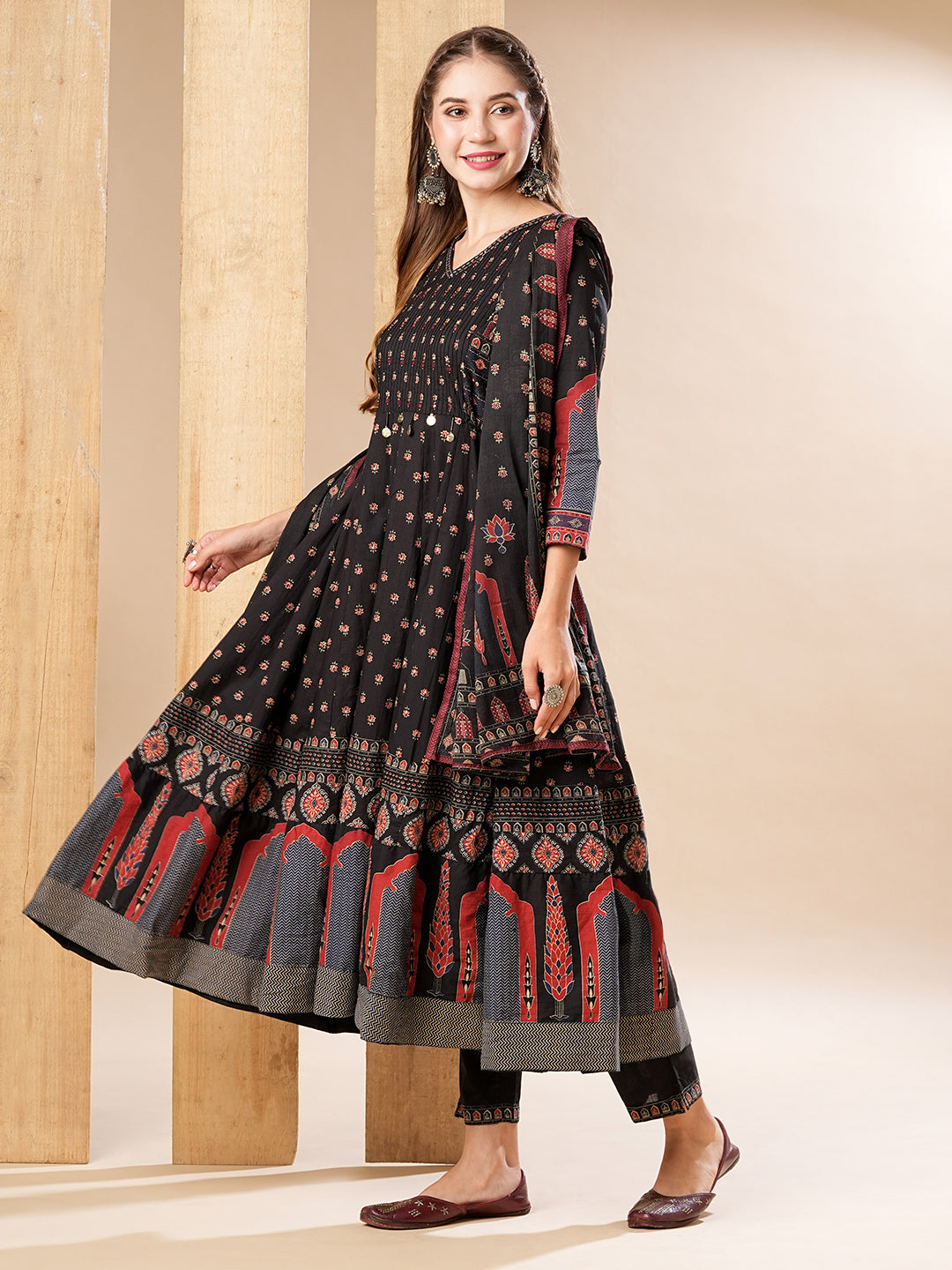 Multi Printed Mirror & Beads Embroidered Anarkali with Pants & Dupatta - Black