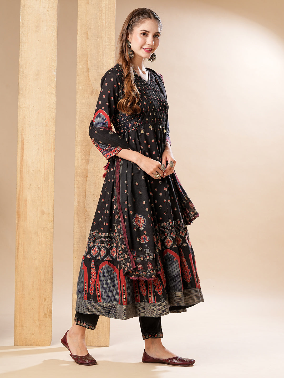 Multi Printed Mirror & Beads Embroidered Anarkali with Pants & Dupatta - Black