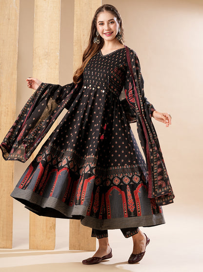 Multi Printed Mirror & Beads Embroidered Anarkali with Pants & Dupatta - Black