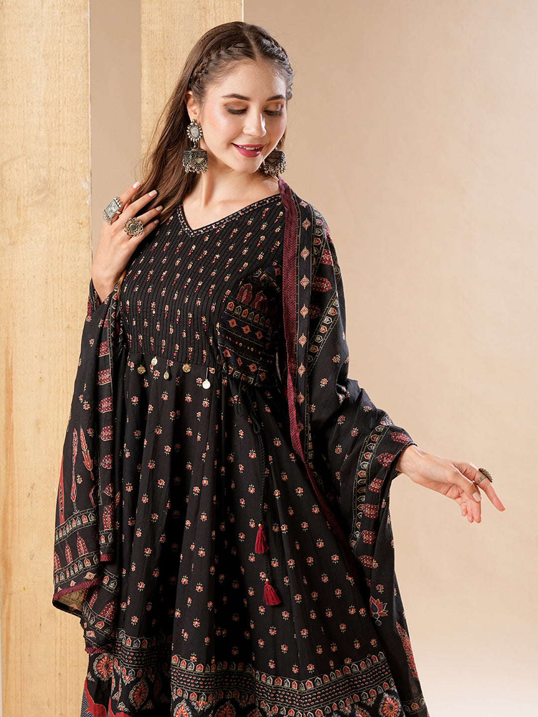 Multi Printed Mirror & Beads Embroidered Anarkali with Pants & Dupatta - Black