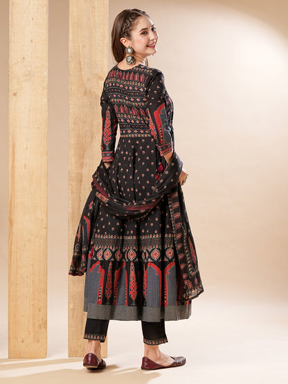 Multi Printed Mirror & Beads Embroidered Anarkali with Pants & Dupatta - Black