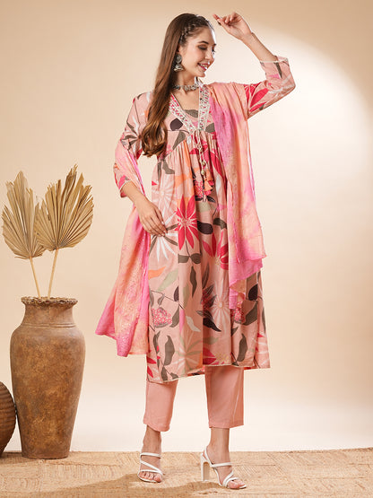 Floral Printed Resham Embroidered Pleated Kurta with Pants & Dupatta - Pink