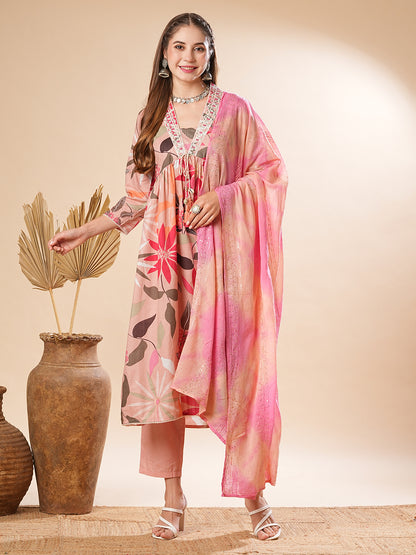 Floral Printed Resham Embroidered Pleated Kurta with Pants & Dupatta - Pink