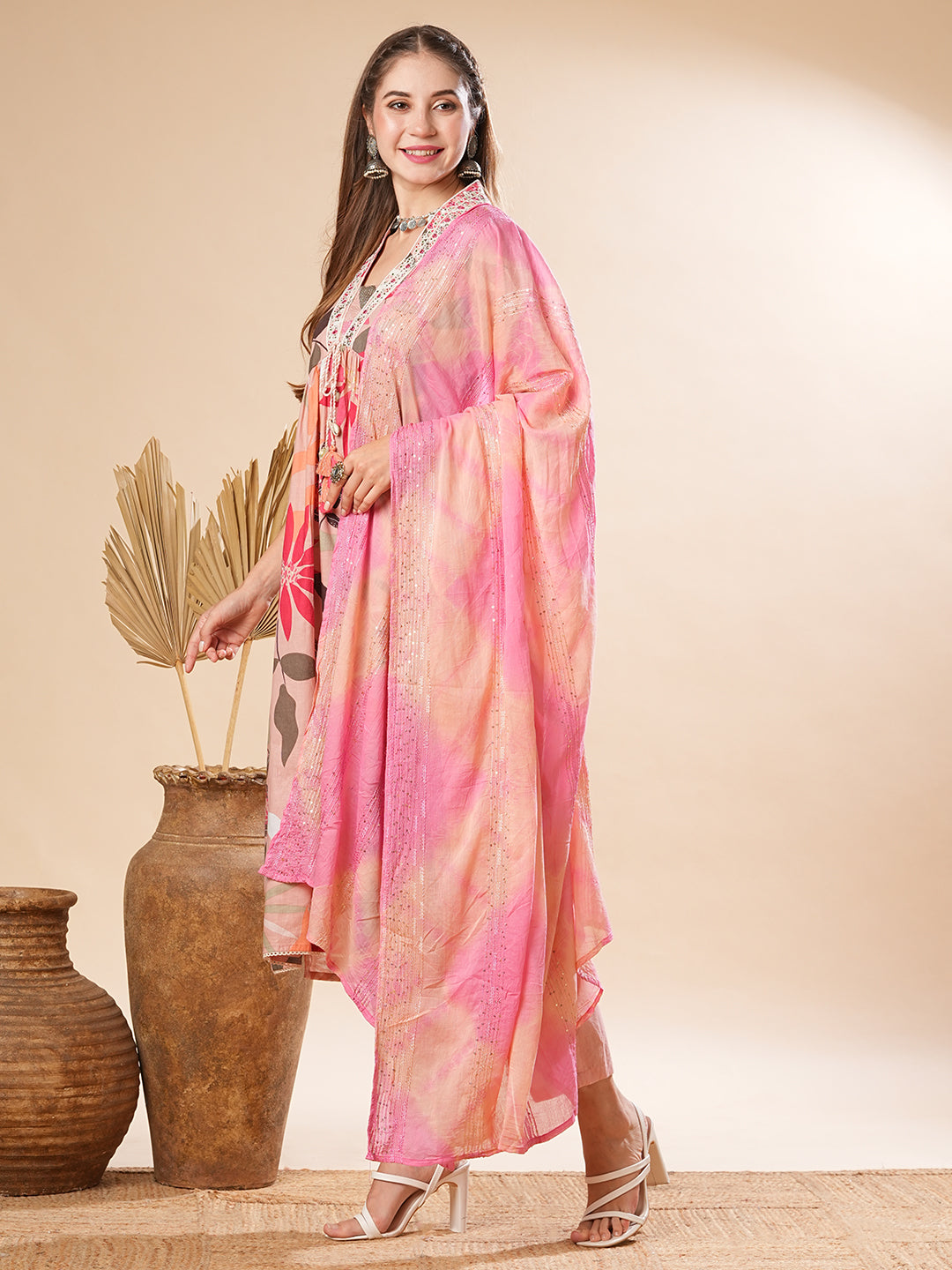 Floral Printed Resham Embroidered Pleated Kurta with Pants & Dupatta - Pink