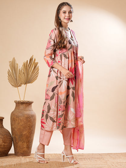 Floral Printed Resham Embroidered Pleated Kurta with Pants & Dupatta - Pink