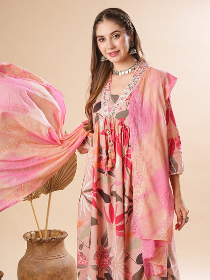 Floral Printed Resham Embroidered Pleated Kurta with Pants & Dupatta - Pink