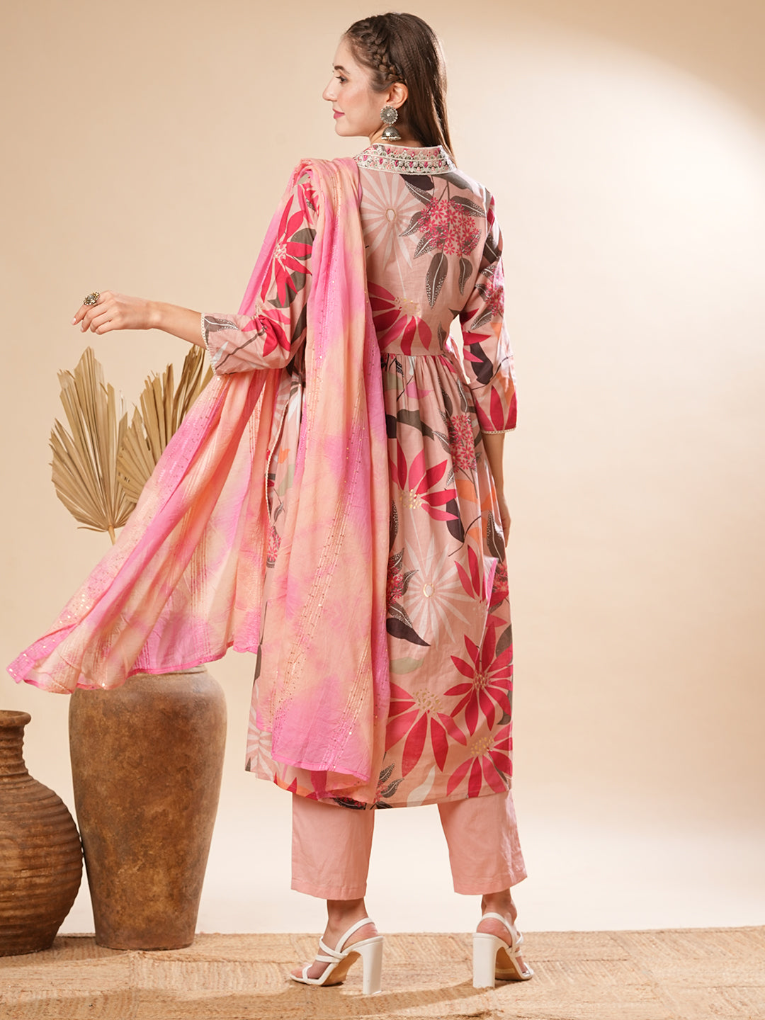 Floral Printed Resham Embroidered Pleated Kurta with Pants & Dupatta - Pink