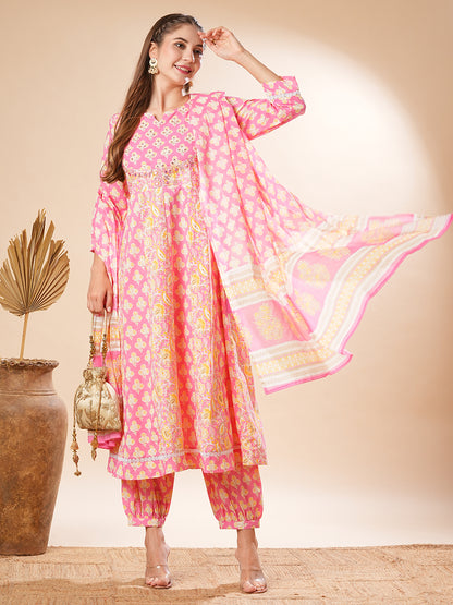 Floral Printed Mirror & Cutdana Embroidered Anarkali with Salwar Pants & Dupatta - Pink