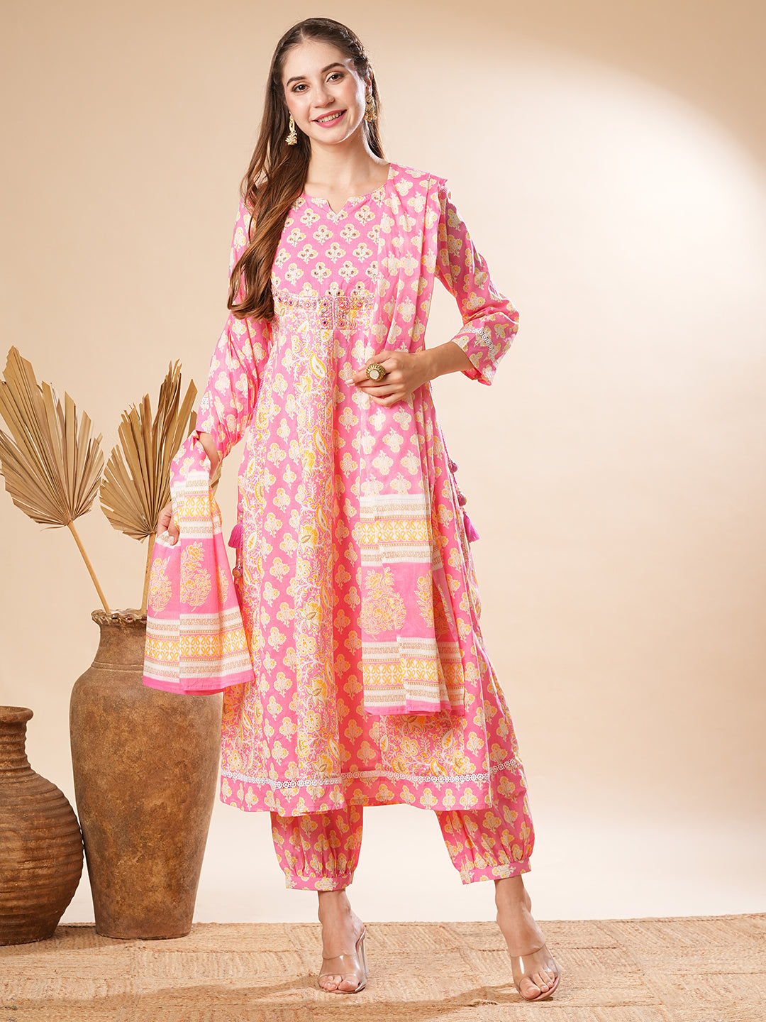 Floral Printed Mirror & Cutdana Embroidered Anarkali with Salwar Pants & Dupatta - Pink