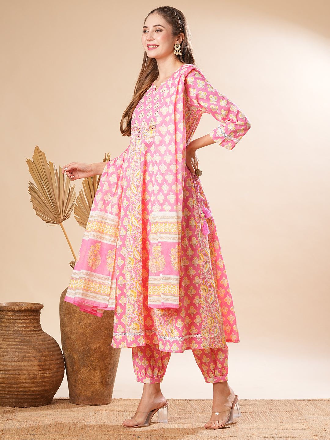 Floral Printed Mirror & Cutdana Embroidered Anarkali with Salwar Pants & Dupatta - Pink