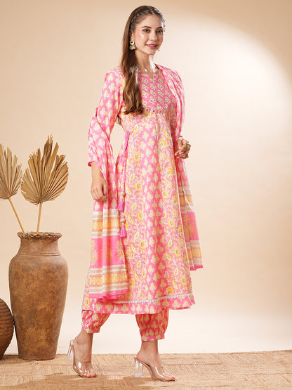 Floral Printed Mirror & Cutdana Embroidered Anarkali with Salwar Pants & Dupatta - Pink