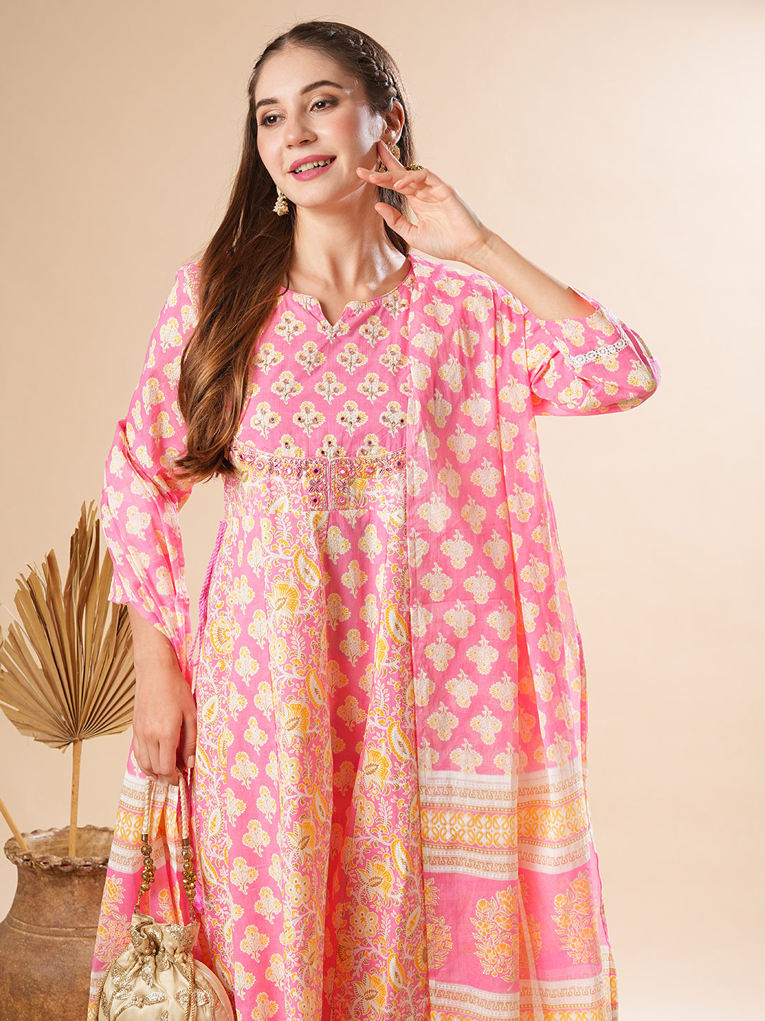 Floral Printed Mirror & Cutdana Embroidered Anarkali with Salwar Pants & Dupatta - Pink