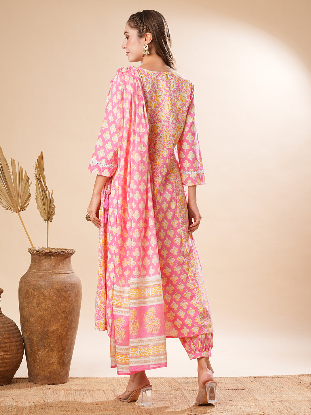 Floral Printed Mirror & Cutdana Embroidered Anarkali with Salwar Pants & Dupatta - Pink