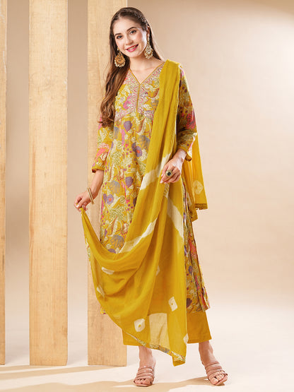 Floral Printed Zari Dori Embroidered Anarkali with Pants & Dupatta - Yellow