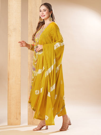 Floral Printed Zari Dori Embroidered Anarkali with Pants & Dupatta - Yellow