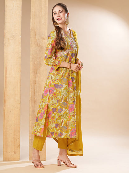 Floral Printed Zari Dori Embroidered Anarkali with Pants & Dupatta - Yellow