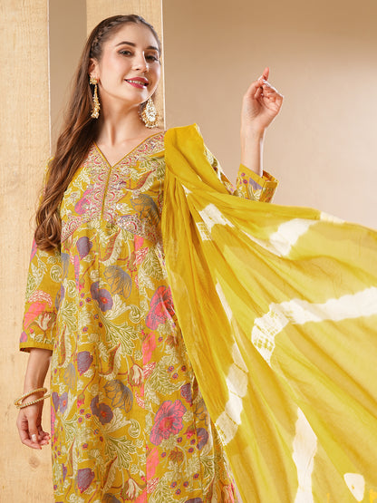 Floral Printed Zari Dori Embroidered Anarkali with Pants & Dupatta - Yellow