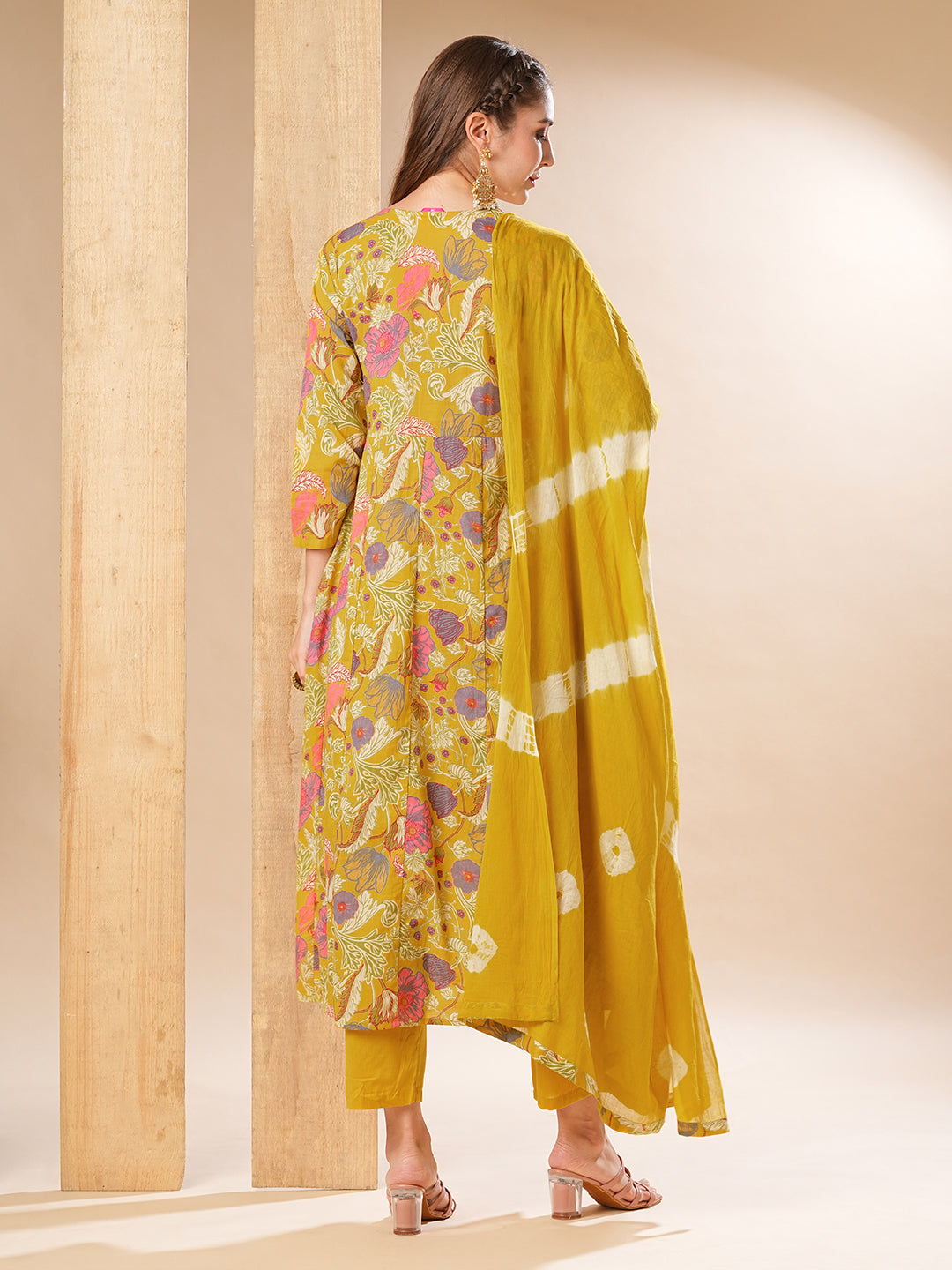 Floral Printed Zari Dori Embroidered Anarkali with Pants & Dupatta - Yellow