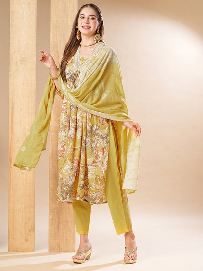 Floral Printed Mirror & Resham Embroidered Pleated Kurta with Pants & Dupatta - Yellow