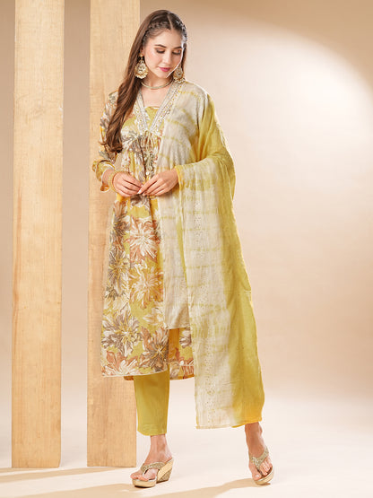 Floral Printed Mirror & Resham Embroidered Pleated Kurta with Pants & Dupatta - Yellow