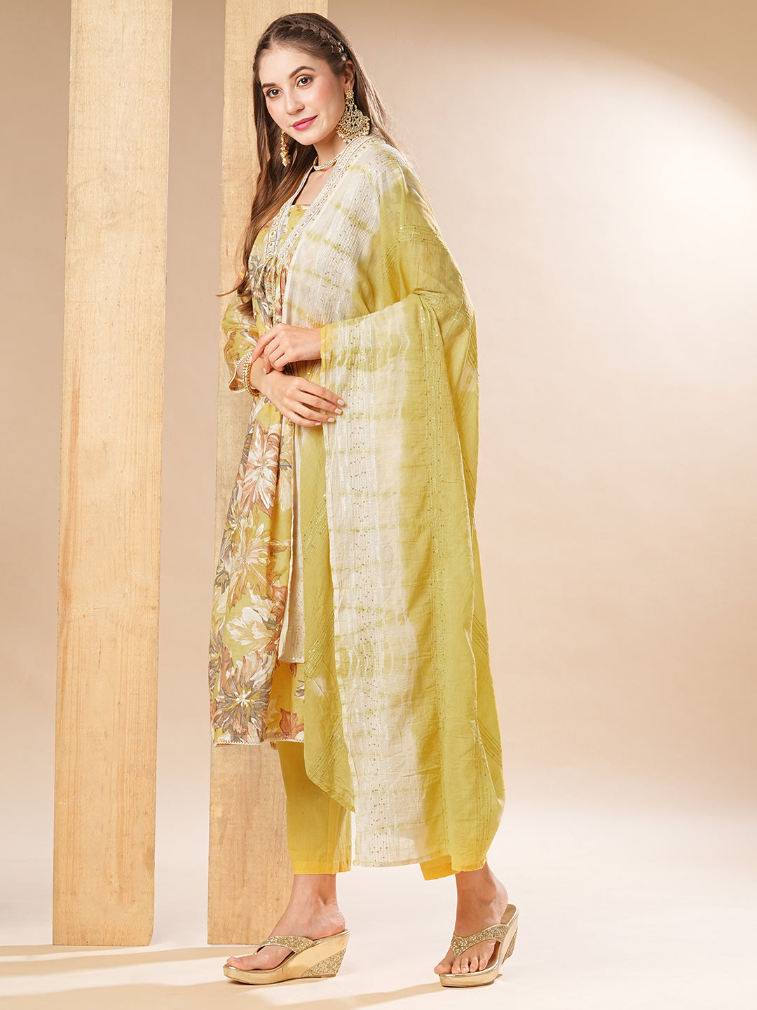 Floral Printed Mirror & Resham Embroidered Pleated Kurta with Pants & Dupatta - Yellow