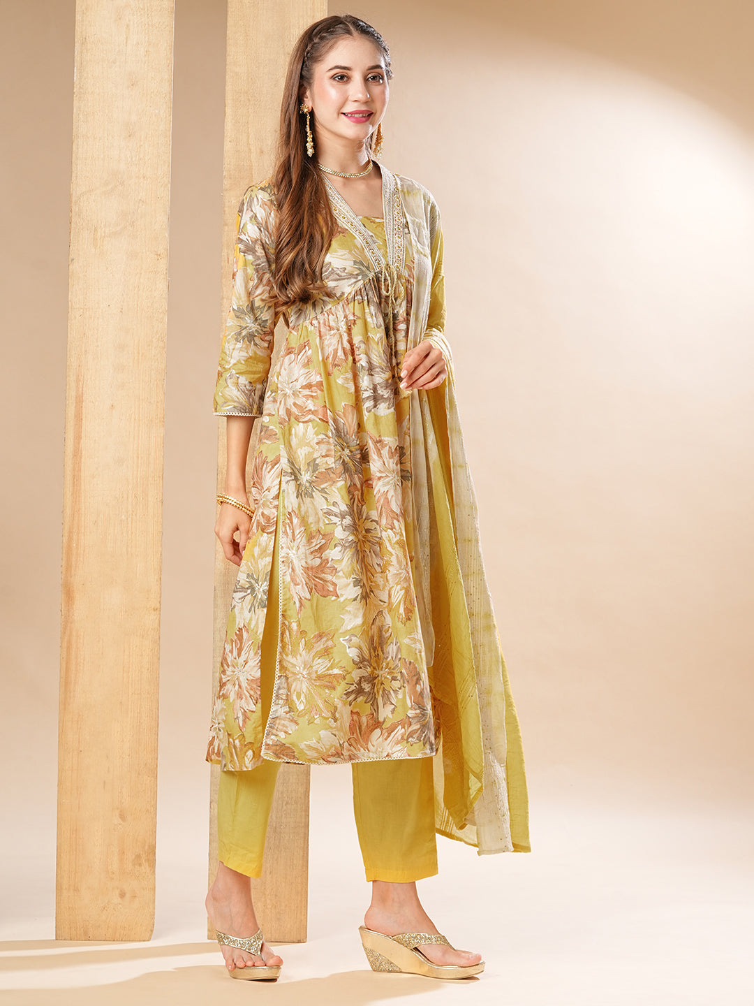 Floral Printed Mirror & Resham Embroidered Pleated Kurta with Pants & Dupatta - Yellow