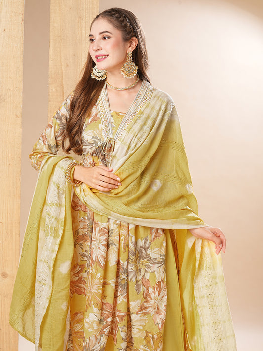 Floral Printed Mirror & Resham Embroidered Pleated Kurta with Pants & Dupatta - Yellow