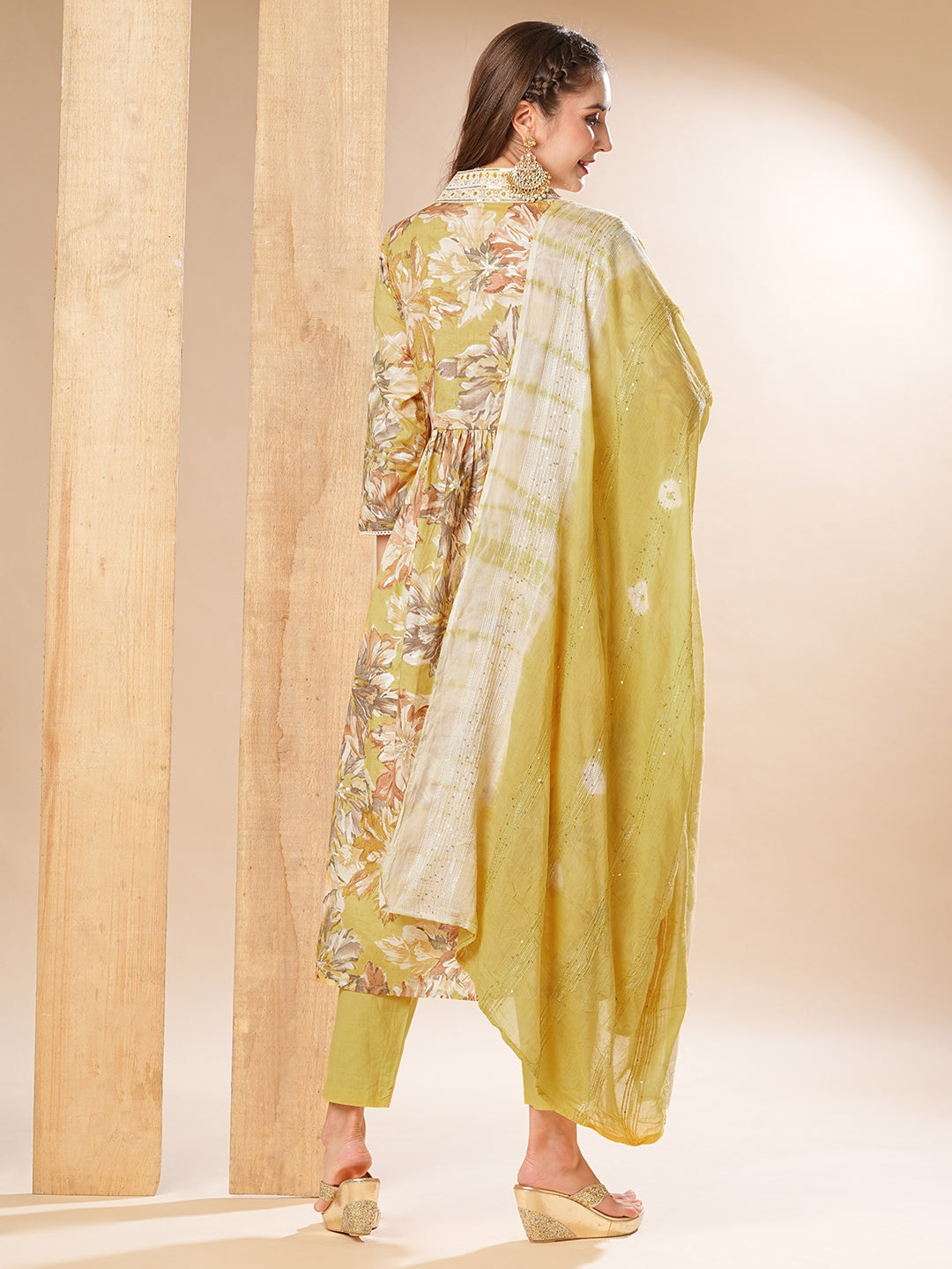 Floral Printed Mirror & Resham Embroidered Pleated Kurta with Pants & Dupatta - Yellow