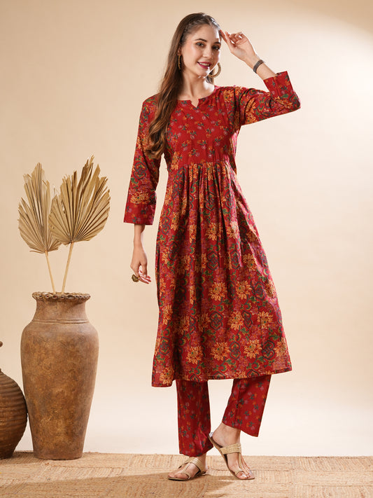 Floral Printed Resham & Sequins Embellished Kurta with Pants - Maroon