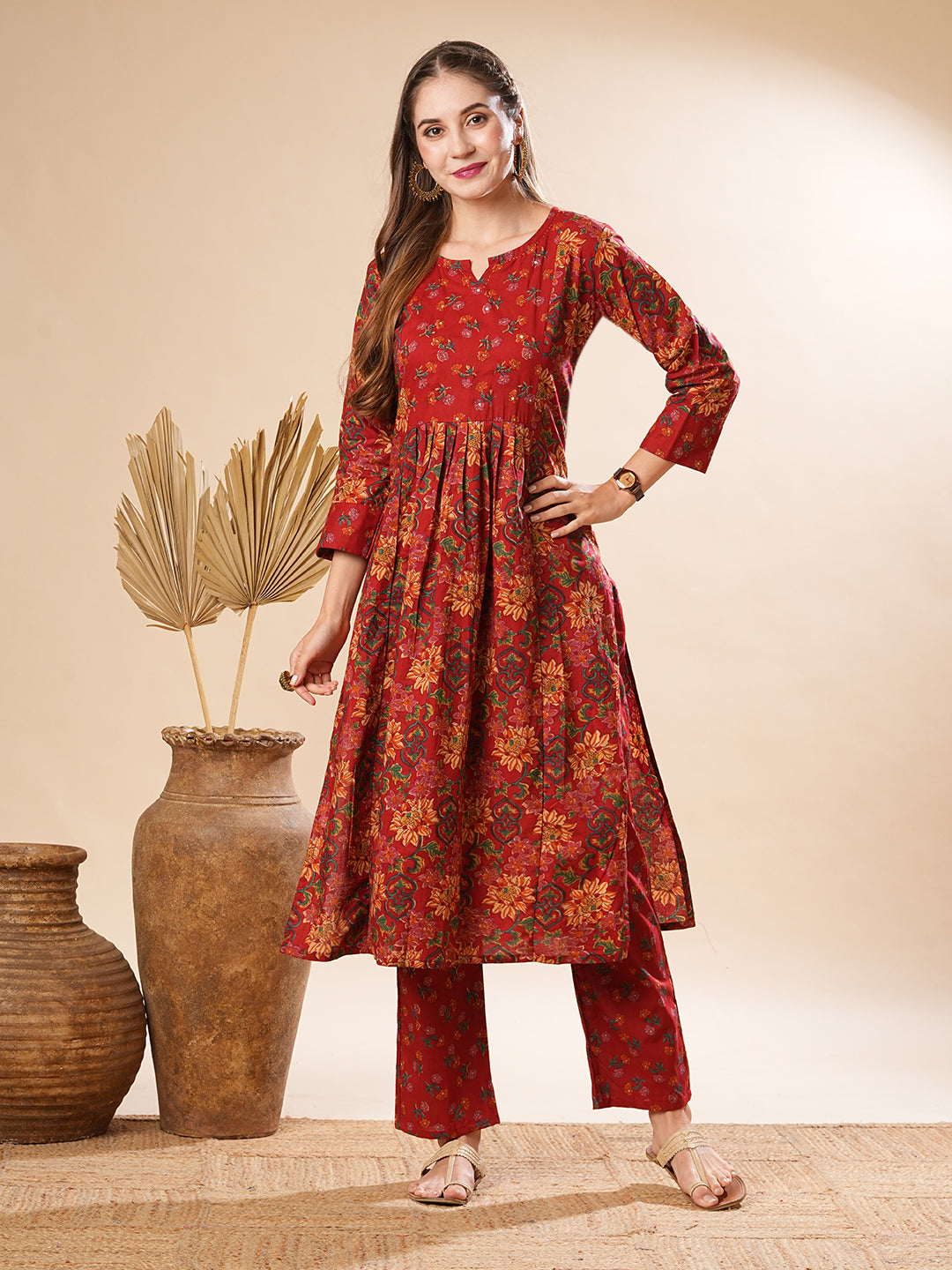 Floral Printed Resham & Sequins Embellished Kurta with Pants - Maroon