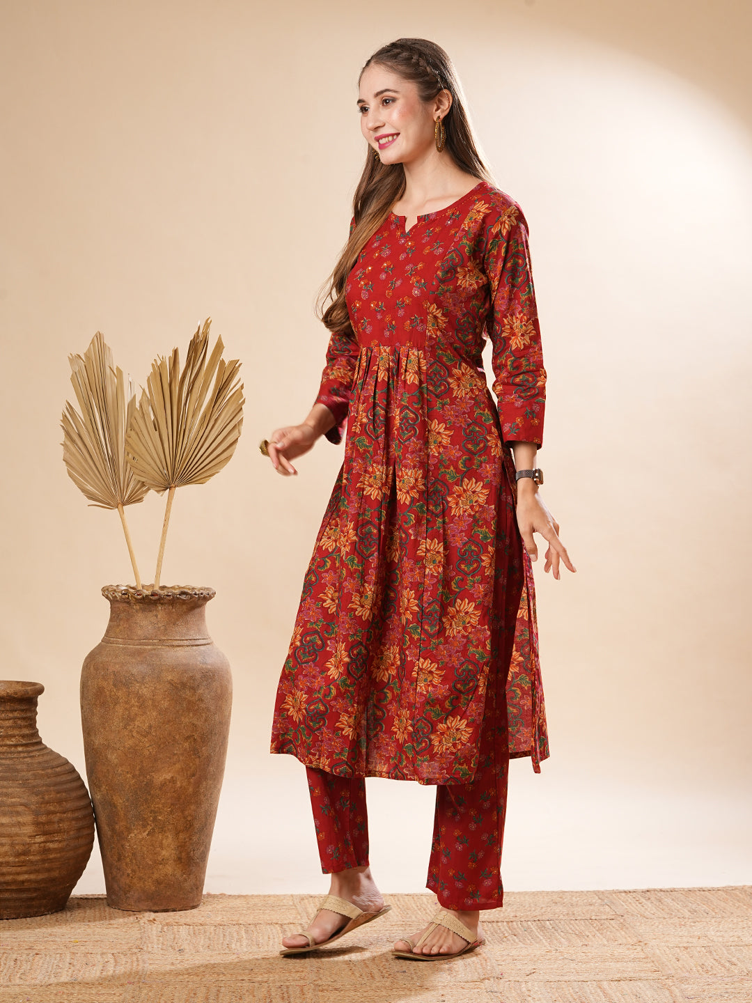 Floral Printed Resham & Sequins Embellished Kurta with Pants - Maroon