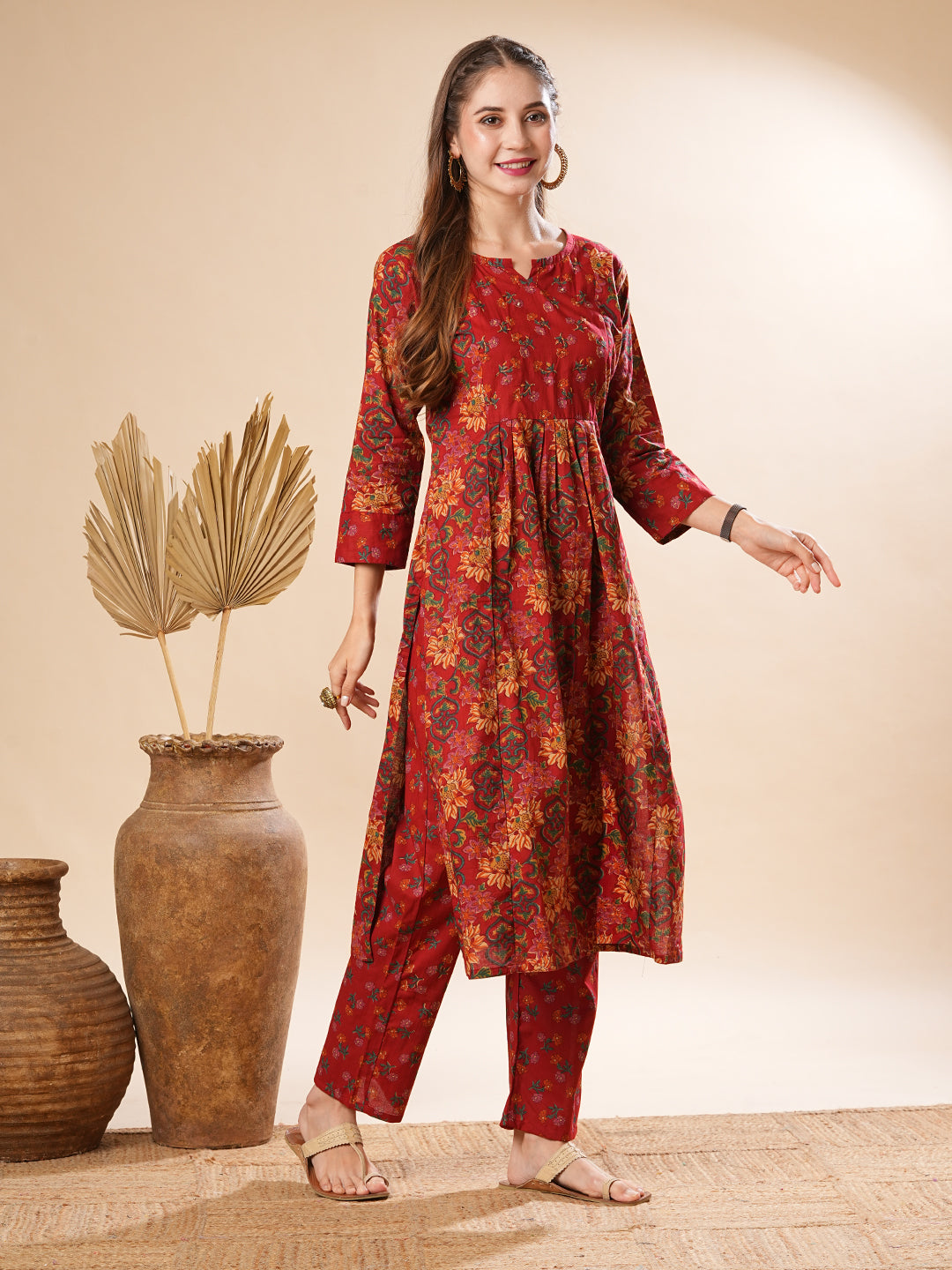 Floral Printed Resham & Sequins Embellished Kurta with Pants - Maroon