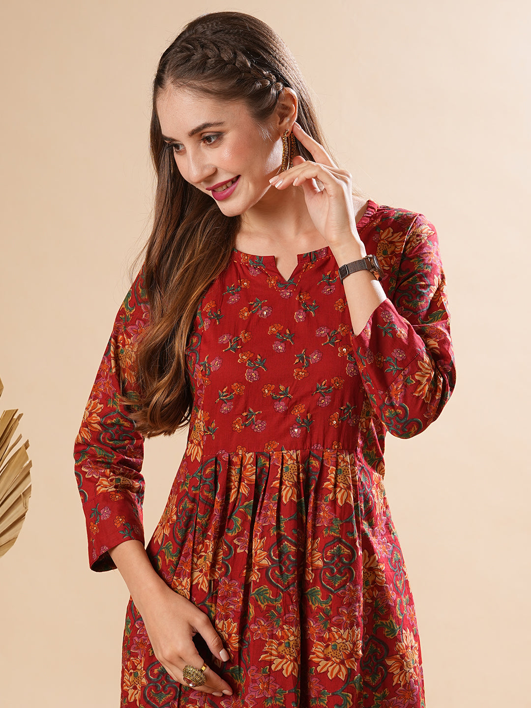 Floral Printed Resham & Sequins Embellished Kurta with Pants - Maroon