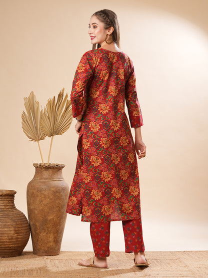 Floral Printed Resham & Sequins Embellished Kurta with Pants - Maroon