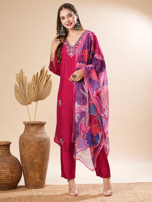 Solid Mirror & Resham Embroidered Kurta with Pants & Dupatta - Amaranth Pink