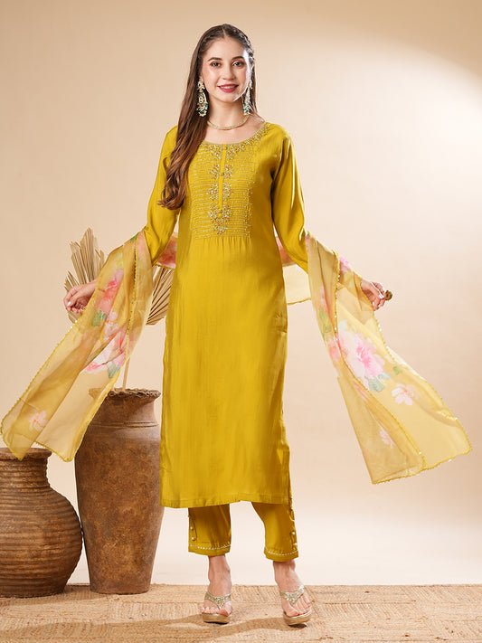Solid Zardozi & Stone Embroidered Kurta with Pants & Floral Dupatta - Lime Green
