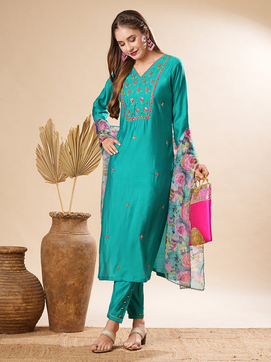 Solid Mirror, Resham & Stone Embroidered Kurta with Pants & Floral Dupatta -Sea Green