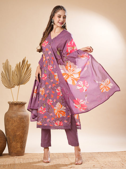 Floral Printed Resham Embroidered Lace Work Kurta with Pants & Dupatta - Purple