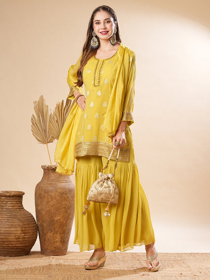 Solid Zardozi & Embroidered Straight Kurti with Sharara & Dupatta -Yellow