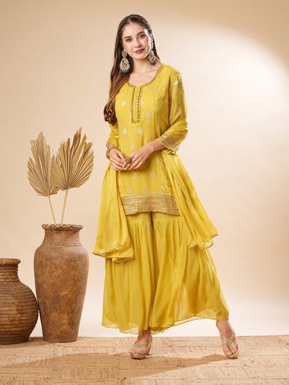 Solid Zardozi & Embroidered Straight Kurti with Sharara & Dupatta -Yellow