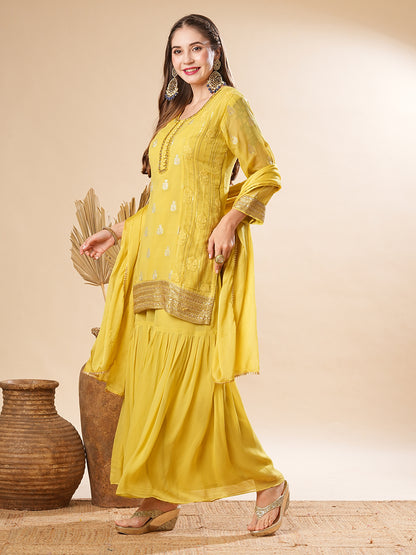 Solid Zardozi & Embroidered Straight Kurti with Sharara & Dupatta -Yellow