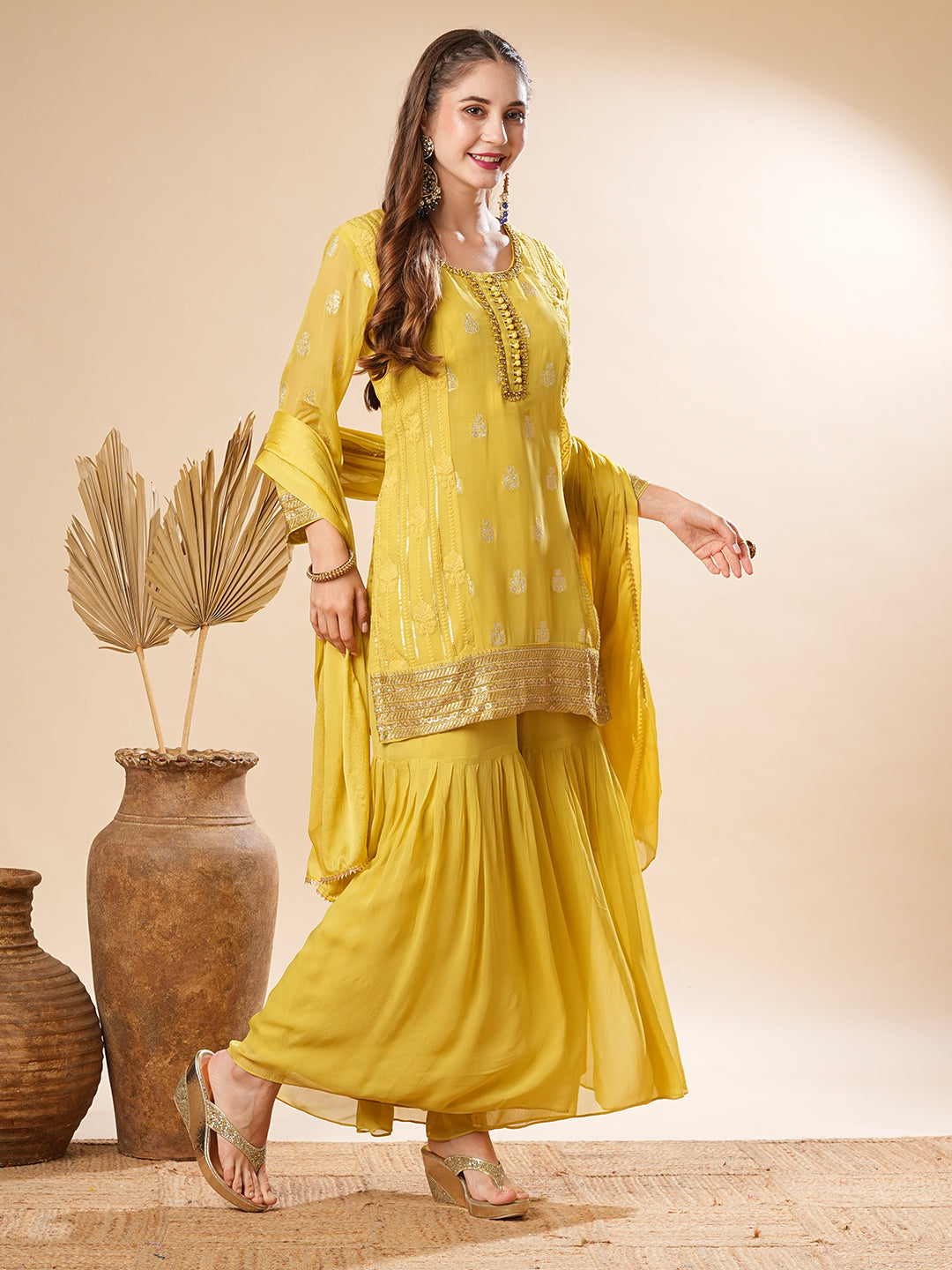 Solid Zardozi & Embroidered Straight Kurti with Sharara & Dupatta -Yellow